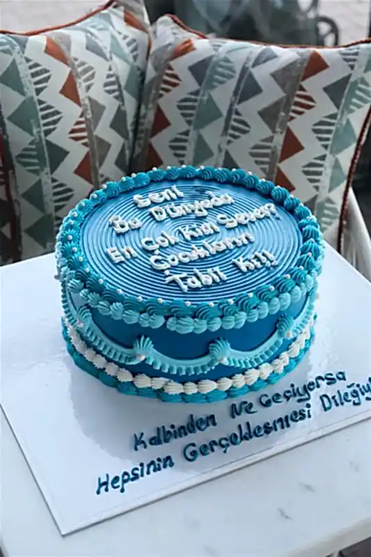 Butik Mavi Yazılı Nostaljik Pasta (Vintage Cake)